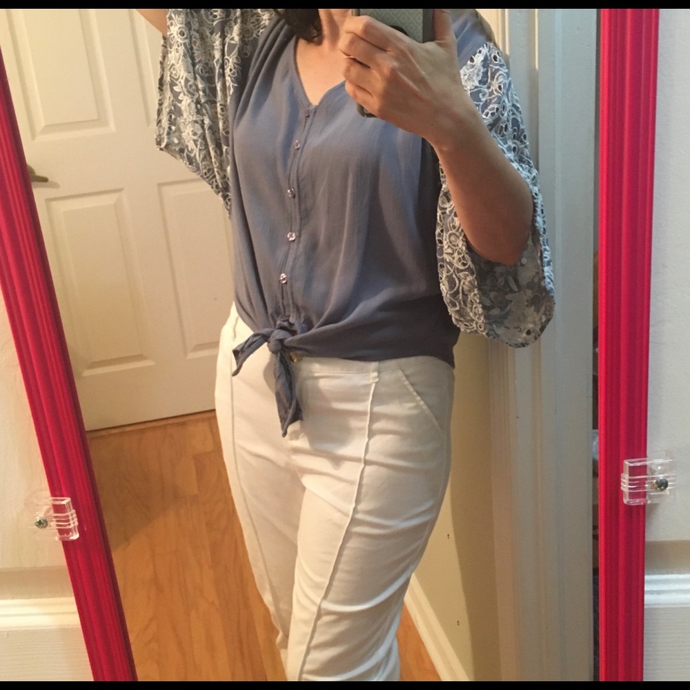 Chambray blue and cream blouse.